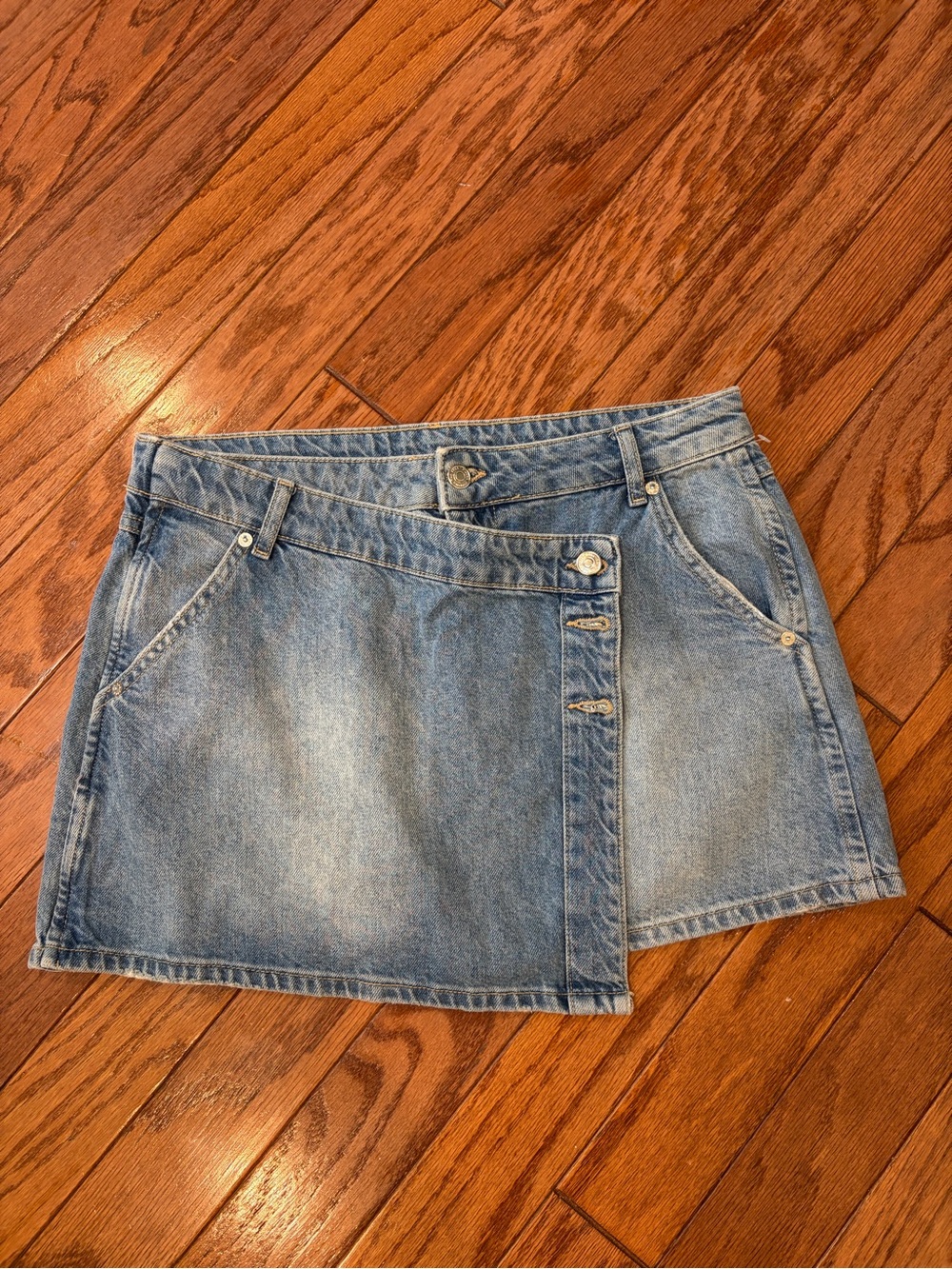 Free People Light Wash Denim Wrap Mini Skirt